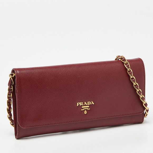 PRADA Dark Red Saffiano Metal Leather Wallet On Chain - Picture 3 of 8